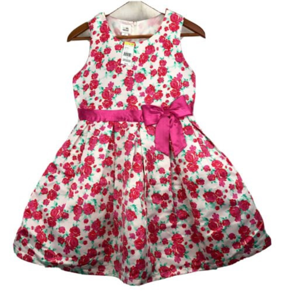 NWT Special Editions Girls Size XL 14 Satin Rose Print Party Dress Pink Sash Bow